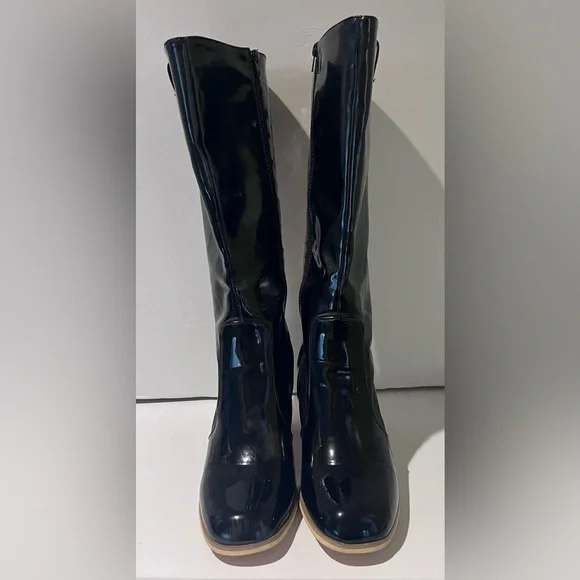 Leila Stone Vegan Black Patent Leather Cynira Knee-High Boots Block Heel Size 10 - Picture 5 of 12